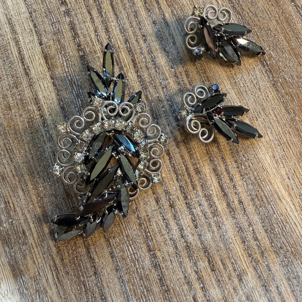 Smokey Black Rhinestone Brooch and Earring Set